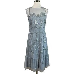 Adrianna Papell Beaded Sleeveless Midi Shift Cocktail Dress Silver Size 6